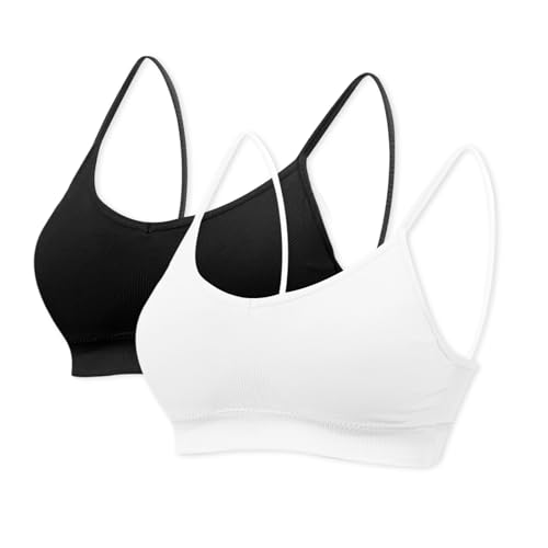 mtuihfo 2Pack Padded Bralettes for Women Non Wired Sports Sleep Bra Seamless Yoga Bra with Single Strap Removable Pads for Women Girls (UK Alpha L Regular Regular White+Black)