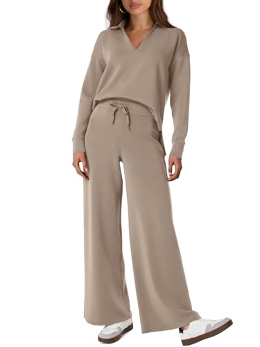 Recopilación de Chándales para Mujer que puedes comprar esta semana. 49 Conjuntos de 2 piezas para mujer Conjuntos casuales de chándal de manga larga con cuello en V, top tipo polo y pantalones de pierna ancha Conjuntos a juego (Camello,Mediano)
