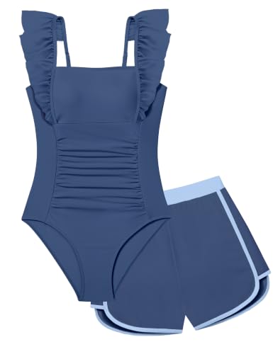 Image of NECIOUS Girls Swimsuit Ruffle Adjustable Straps One Piece Bathing Suit Solid Color Ruched Girls' Swimwear 9-16Y