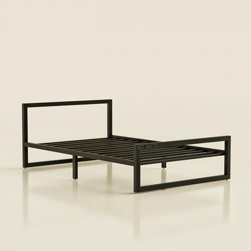 Image of Single Size Metal Bed Frame | SingleSize Metal Bed for Adults | Heavy Duty Iron Bed | Steel Bed Single | Single Metal Cot | Metal Platform Bed | Black MetalBed | No Box Spring Needed | Black