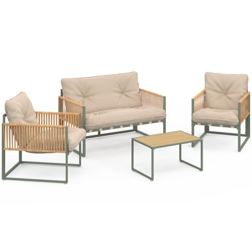 IDMarket - Salon de Jardin Bas Rio 4 Places Structure métal Vert, Cordage Effet rotin Clair et Coussins Beige