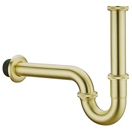 Keymark Siphon for Sink Brushed Gold - Brass Tube Siphon - Universal Odour Trap Siphon Wash Basin 1 1/4 Inch x 32 mm - Drain Fitting Perfect Fit