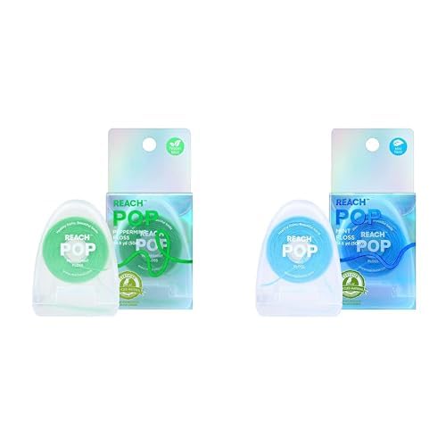 REACH POP Dental Floss 4 Pack Bundle | Vegan Wax & PFAS-Free | Durable & Shred Resistant | Slides Smoothly & Easily | Effective Plaque Removal | Green Color Floss | Peppermint & Mint