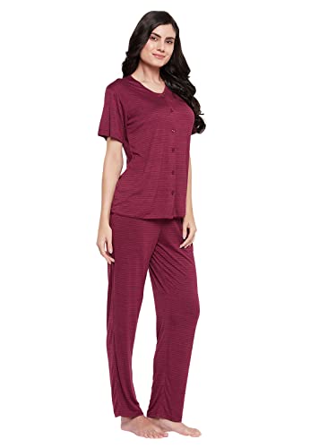 Image of Clovia Women's Cotton Chic Basic Button Top & Pyjama Set in Red