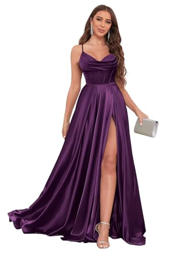 Spaghetti Straps Prom Dresses for Women with Slit Pockets Pleated A-Line Satin Corset Formal Party Gown