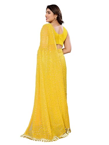 RAJESHWAR FASHION WITH RF Women's Foil Print Work Georgette Sarees For Ladies & College Girls Farewell With Tassels On Pallu & Blouse