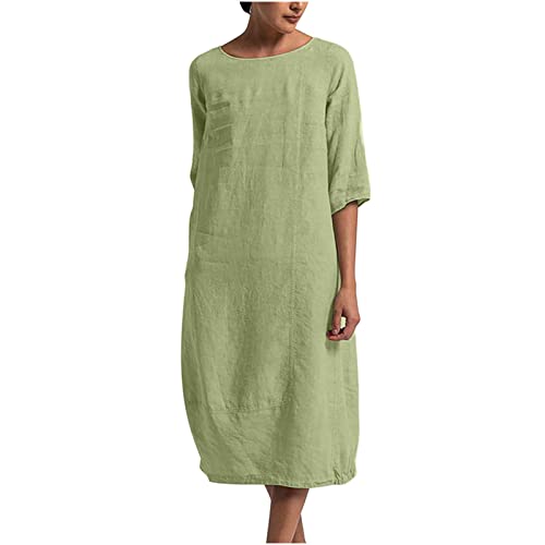 ANHATUIV Vestidos de lino para mujer, talla grande, vestido tipo túnica de media manga, vestido de verano holgado, vestido midi indio, vintage, vestido liso, cuello redondo, playa, vacaciones, vestido