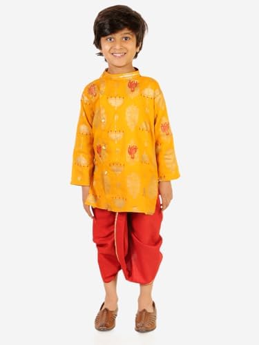 Superminis Boy's Golden Foil Printed Side Open Cotton Kurta, Round Collar, Full Sleeves With Cream Color Dhoti