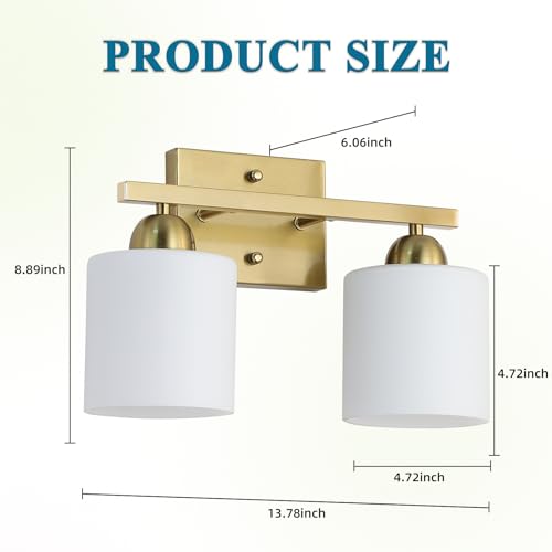 Image of Mecgirn Stainless Steel Milk Glass Vanity Lights for Bathroom, 2 Light Gold Bathroom Light Fixtures Over Mirror, Ceramic E26 Sockets Wall Mounted