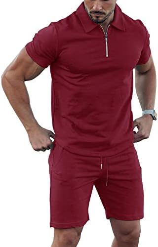 URRU Men's Short Sleeve Zipper Polo Shirt Sets Fitted Golf 2pcs Shorts Set Wine Red S