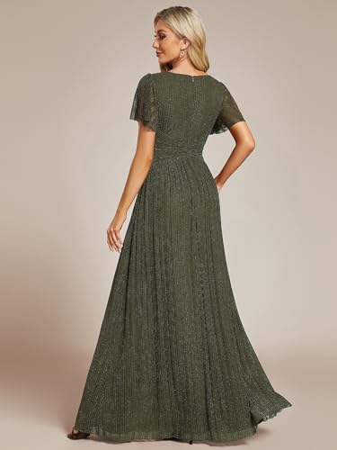 Image of Ever-Pretty Women's V-Neck Glitter Formal Dresses Pleated Short Sleeves Floor Length A-Line Mother of Bride Dress 11961