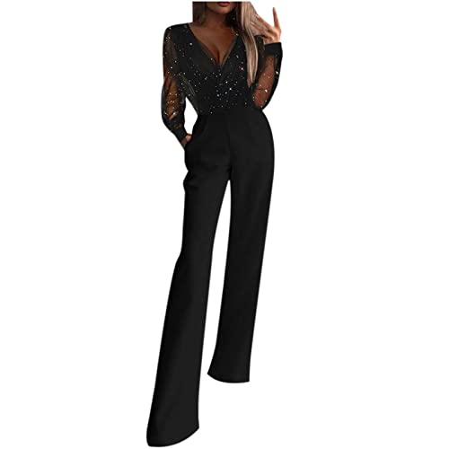 Mono Peto Mujer Malla Jumpsuit Moda Petos Pantalones Color Sólido Casual Peto Pierna Ancha Rompers Fiesta Sexy Camiseta Manga Larga Elegante Vestidos de Noche Lentejuelas Primavera Otoño 2024