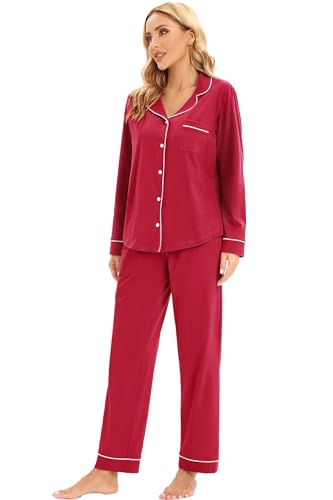 Image of LUBOT 100% Cotton Pajamas for Women Pajama Set Soft 2 Piece Sleepwear PJ Set Long Sleeve Button Knit Cozy Loungewear XS-XXL