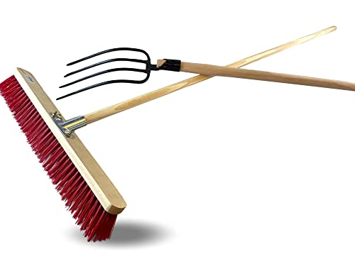 Ensemble Balai Atelier cantonnier PVC 60 cm + Fourche 4 Dents Fines | Manches Bois | Fumier Foin végétaux | Nettoyage écurie | Balayage terrasse | Jardinage, fanage | Kibros BALFCHFKIT
