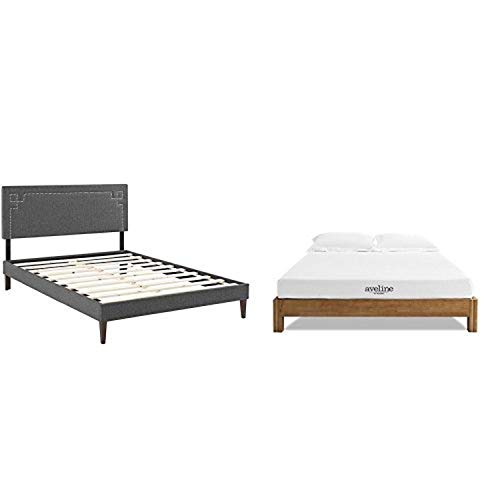 Modway Josie Queen Fabric Platform Bed With Squared Tapered Legs In Gray With Modway Aveline 6" Gel Infused Memory Foam Queen Mattress With Certipur-Us Certified Foam #TOP12