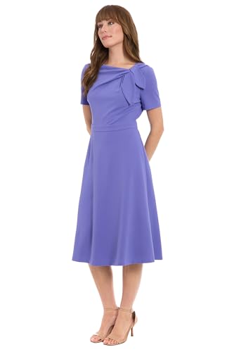Image of London Times Women's Women's Bow Neckline A-line Midi - Short Sleeve Evening Party Cocktail Dress