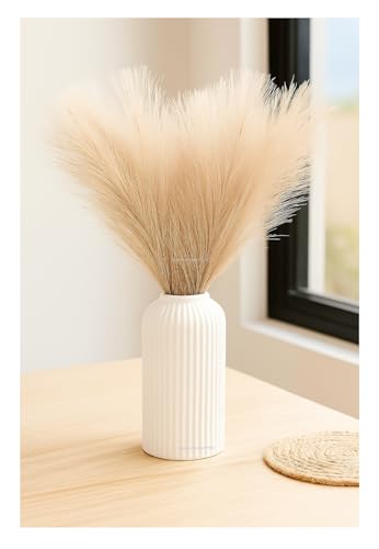 Image of SPHINX Ceramic Vase with Artificial Flowers| Flower Vase Pot for Home Decor,Living Room,Dining Table & Office|Modern Boho Minimalist Centerpiece for Decoration,Gifting (Ribbed with Pampas)