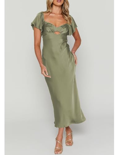 Image of Summer Satin Flutter Sleeve Wedding Guest Dresses for Women Sweetheart Neckline Cutout Tie Back Midi Cocktail Dress