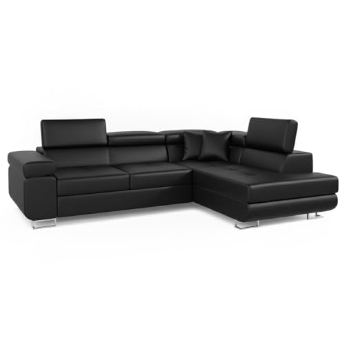 Menzzo Canape Convertible d’Angle Simili Noir - Pieds chromés - Canape Lit avec têtière...