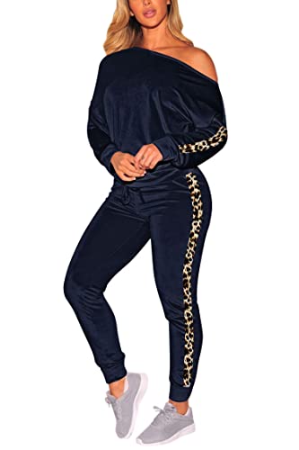 Fixmatti Women 2 Pieces Velour Outfit Track Suit Off Shoulder Leopard Print Sweatsuit Navy S #TOP6