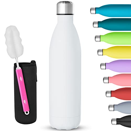 GeeRic Stainless Steel Water Bottle 750ml, Double-walled Vacuum Insulated Metal Water Bottle 12 Hours Hot & 24 Hours Cold Drinks Cycling Bottles for Outdoor Sports Hiking Running 750ml White