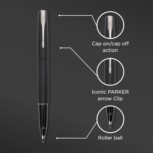 Image of Parker Frontier Matte Black Chrome Trim Roller Ball Pen| Ink Color - Blue | Perfect for Corporate Use | Elite Pen for Professionals