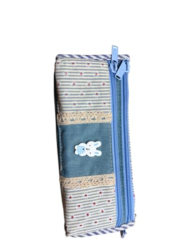 Image of Kids Striped Canvas Kids Pencil Case - 3 Compartment School Organiser with Zipper, Cartoon Character Design Stationery Pouch (Turqoise)