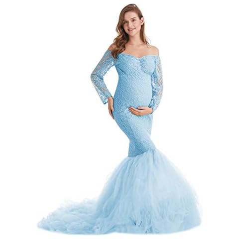 AYMENII Maternity Mermaid Tulle Dress Off-Shoulder Sweetheart Long Sleeve Lace Baby Shower Photo Shoot Maxi Gown w/Train Sky Blue XL Cover