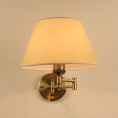 Aplique de pared con brazo oscilante dorado antiguo, luz de pared con atenuación vintage, pantalla de tela de PVC de pergamino de imitación, acabado de latón cepillado, iluminación de pared de granja,