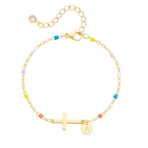 Cross Bracelet for Women Dainty Colorful Beaded Initial Bracelets for Women Teen Trendy Gold Christian Religious Baptism Jewelry Gifts Easter Basket Stuffer
