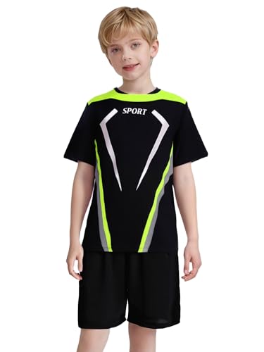Boys'color Block Football Outfit Quick-dry Printed Top & Shorts For Athletic Sports Training Fluorescent Yellow 12 Years