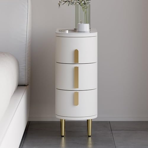Homary Table de Chevet Étroite en Cuir à 3 Tiroirs, Dessus Pierre Frittée, Petit Meuble de Rangement Élégant pour Chambre Adulte (1, Blanc Cassé)