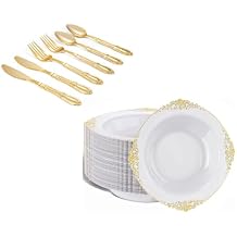 Nervure 200Pcs Gold Plastic Bowls with Cutlery - 12oz 50Pcs Disposable Soup Bowls and 150Pcs Disposable Silverware, Service for 50 Guests Perfect for Weddings, Parties and Everyday Use