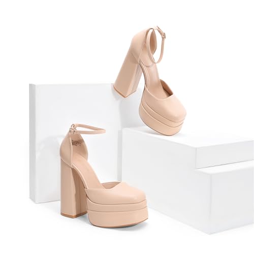 Image of DREAM PAIRS Women's High Chunky Platform Closed Toe Block Heels Square Toe Ankle Strap Dress Wedding Party Pumps Shoes Aurelia