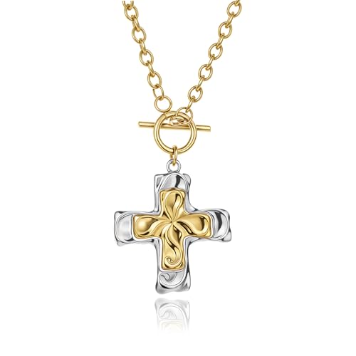 Crown Cross Pendant Necklace Chunky Cross Necklace for Women Statement Necklace 14K Gold Plated Dainty Cross Necklace