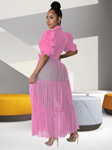 Image of Ekaliy Women's Casual Mesh See Through Shirts Long Dresses with Belt V Neck Button Down Club Party Outfit