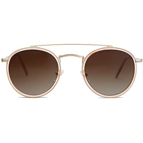 SOJOS Small Retro Round Polarized Sunglasses UV400 Double Bridge Sunnies SUNSET SJ1104, Gold Brown