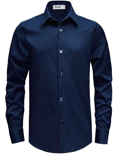 AOTIK Boys Stretch Wrinkle Free Dress Shirts Button Down Shirt Long Sleeve Formal School Uniform Shirts 12 Navy