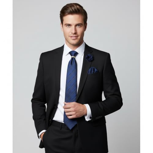 Image of 5PCS Mens Silk Tie, Pocket Square, Cufflinks, Drilled Tie Ring and Lapel Pin Set for Wedding Groom Party