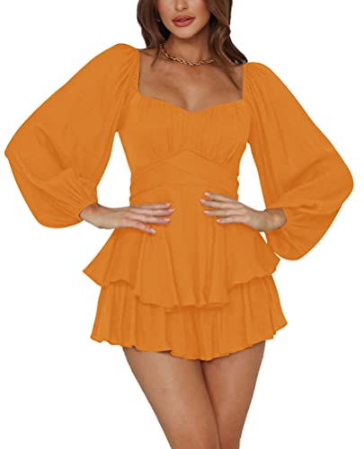LYANER Women's Jumpsuit Lantern Long Sleeve Ruffle Layer Tie Mini Short Romper