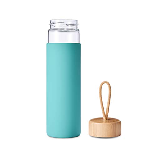 Yomious Borosilicate Glass Water Bottle with Bamboo Lid and Silicone Sleeve - 20 oz – BPA Free – Eco Friendly and Reusable – Leak Proof Design – Carry Strap Built Into Lid (Arcadia)