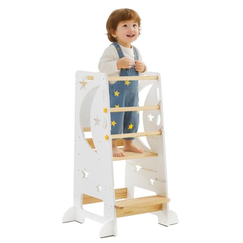 HEAHOLD White Toddler Standing Tower with 3-Seat & 2-Step Adjustable Heights - Kitchen Helper Stool with 4 Stable Support Feet & Wipeable Panels - Safe Design
