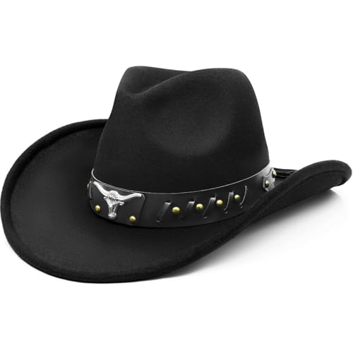 WQWOVRVO Cowboy Hats for Women/Mens Straw Wide with Felt-Fedora Brim Western Cowboy Hat for Womens (US, Alpha, One Size, A-Black)
