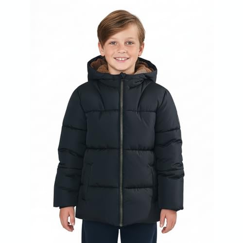 Sunny Sprout Manteau garçon hiver - Doudoune épaisse avec capuche polaire et manches coupe-vent Noir 6 ans
