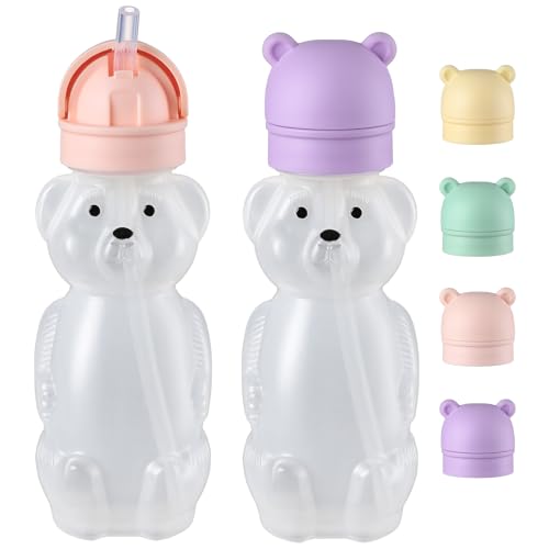 Image of Upgraded 2 Pack Honey Bear Straw Cups for Baby, Toddler - Flip Top, Spill-Proof & Anti-pullout & Pop-up Straw Design - 8 OZ Squeezable Transition Sippy Cup for Speech & Feeding Training, Purple&Pink