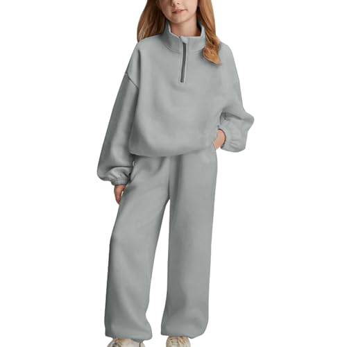 Girls Half Zipper Sweatshirts Set Plain Fleece 2 Piece Baggy Sweatpants Pullover Tops Sweatsuits Teen (Grey, 8-9 Years)