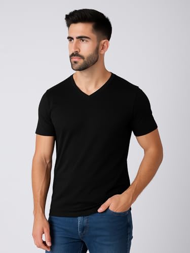 Image of Friskers Men's V-Neck Short Sleeves Cotton T-Shirt - Casual T-Shirt, Regular Fit