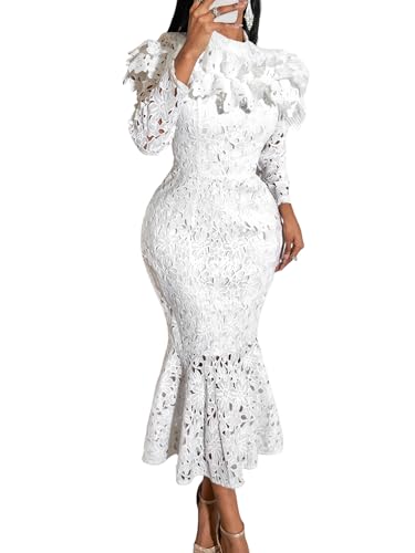 AOMEI Women's Eyelet Lace Long Sleeve Ruffle Bodycon Fishtail Midi Wedding Party Dress (X-Large,White)