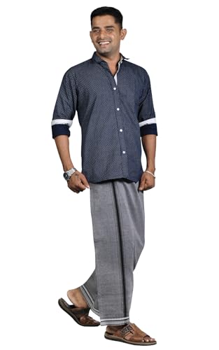 PRAKASAM COTTON mens Cotton Kerala Thalapathi Border Welcro Pocket Dhoti (Free Size Dhoti) / Ash colour thalapathi border pocket dhoti