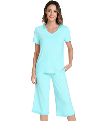 Image of NACHILA Bamboo Viscose Women's Pajamas Set Short Sleeve Pjs and Capri Pants | Soft like cloud,Breathable,Moisture wicking,Tagless